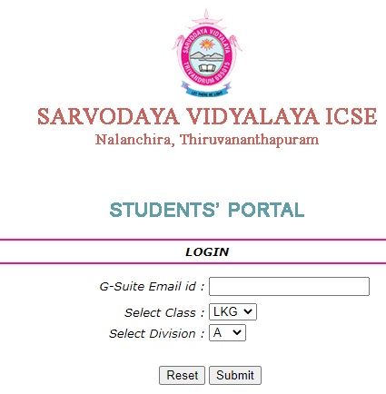 Sarvodaya Vidyalaya ICSE Student Portal - student.sarvodayaicse.in Login