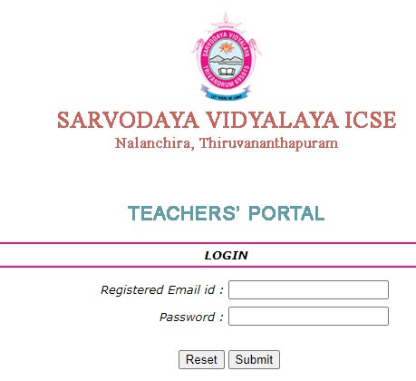Sarvodaya Vidyalaya Teachers Portal Login - teacher.sarvodayaicse.in